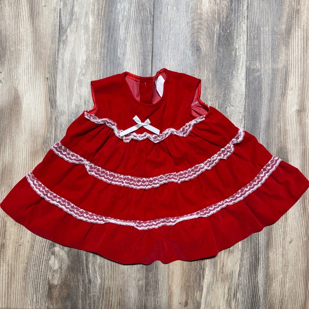 Vintage Tiered Dress Red Velvet Lace Holiday Cottagecore